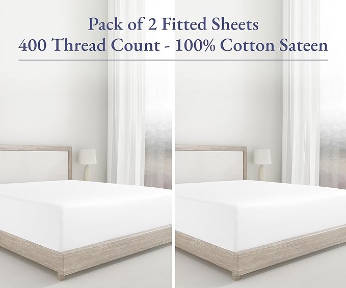 Pack of 2 100% Cotton Sateen King Fitted Sheet Deep Pocket, White | 2 Fitted Sheets, 400 Thread Count Backed by Good Housekeeping Seal, 16" Deep Pocket, All-Around Elastic, No-Pop Fit, Durable