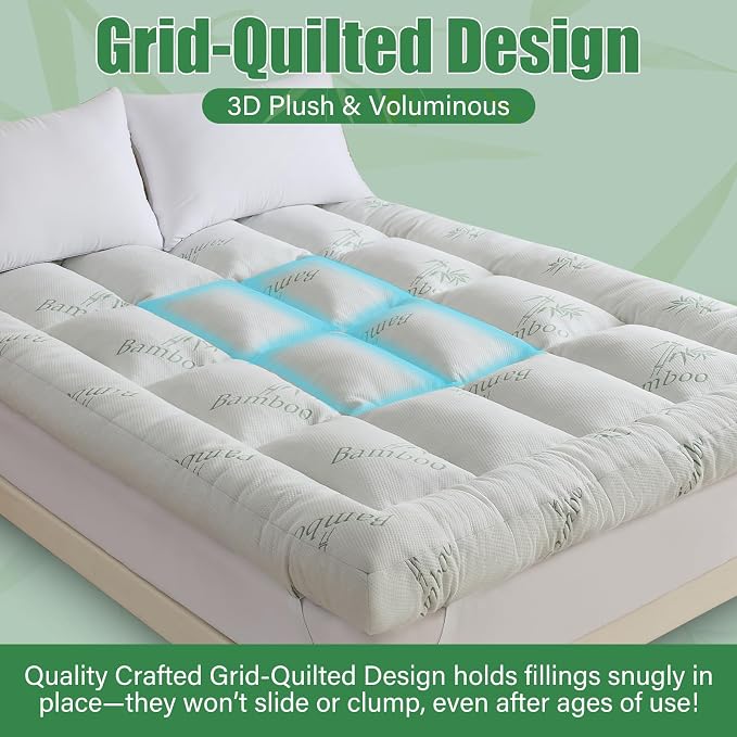 WhatsBedding 5 Inch Memory Foam Mattress Topper Queen for Back Pain Relief, Cooling Bamboo Viscose Air Layer, Supportive Pillow Top Mattress Topper