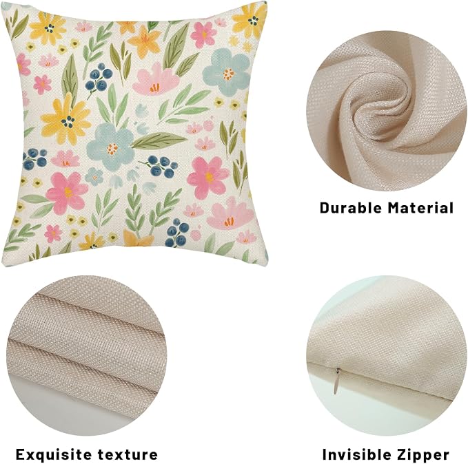 Outdoor Pillow Covers 16x16 Inch 2 Pcs Watercolor Pink Green Flower Spring Decor Throw Pillows Vintage Floral Summer Outdoor Seasonal Decoration Pillowcase Linen Cushion Cover for Couch Sofa