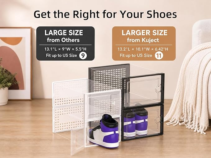 Kuject X-Large Shoe Storage Boxes 12 Pack, Clear Stackable Shoe Organizer | Shoe Case for Closet, Entryway & Under-Bed Storage, Drop-Front Design, Space-Saving Solution for Family Organization,Black