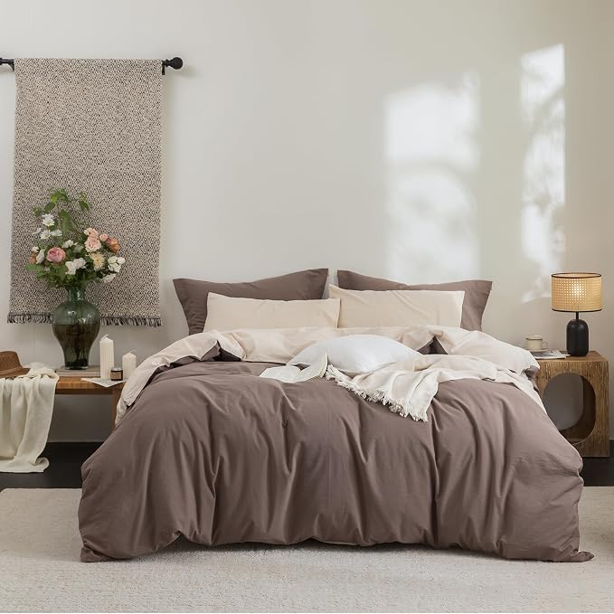 BDEAR Reversible Duvet Cover Set Twin Size 90" L x 68W, Brown and Beige | 100% Washed Cotton, 1 Duvet Cover with 1 Pillowcase, Zipper Closure, OEKO TEX Standard,8 Corner Ties,Linen-Liked Texture