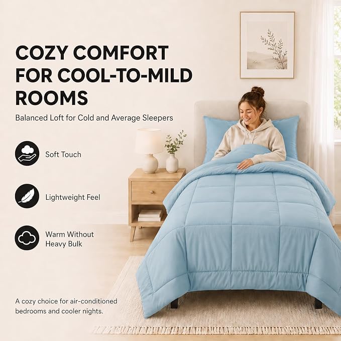 Twin XL Comforter Set Light Blue - 5 Pieces Twin XL Bed in a Bag | College Dorm Essentials, OEKO-TEX Certified, All Season, Down-Alternative Comforter + Flat & Fitted Sheets + 2 Pillowcases