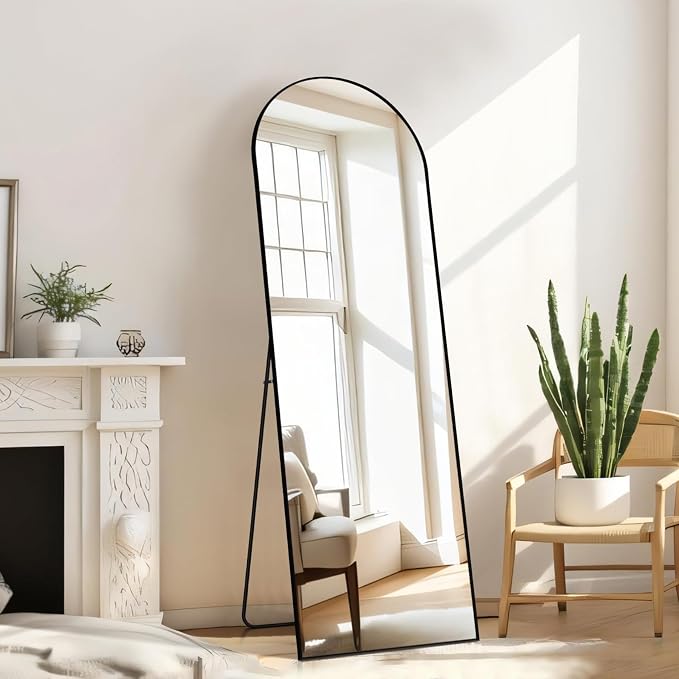 16"x59" Arched Mirror Full Length, Upgraded Body Wall Mirrors | Shatter-Proof Glass, Floor Standing, Hanging or Leaning, Tall Mirror with Stand Aluminum Alloy Frame for Bedroom, Black
