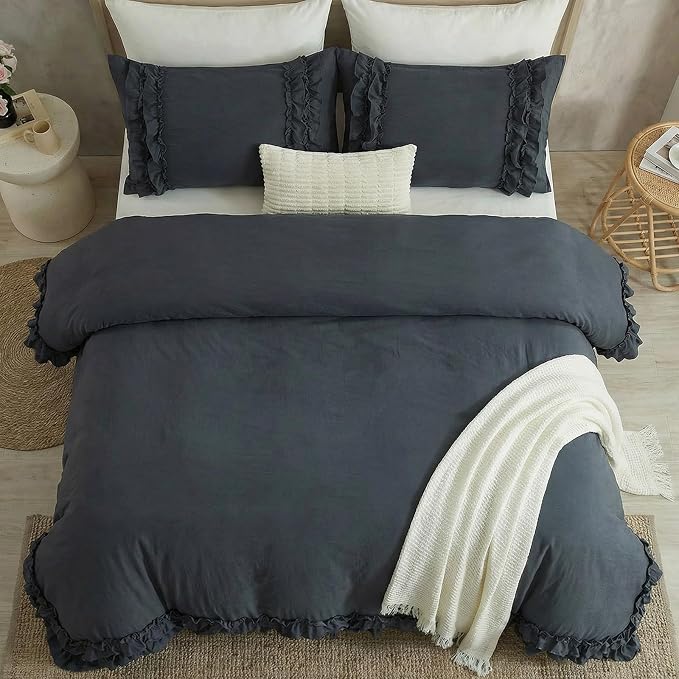 Bedorm Navy Ruffle Duvet Cover Vintage King Bedding Set Navy Blue Lace Fringe Ruffled Bedroom Decor Shabby Chic Boho Comforter Cover with Pillowcases