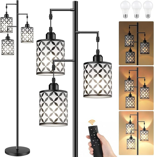 72" Dimmable Floor Lamp with Remote & Timer, Industrial Farmhouse Rustic Standing Lamp for Living Room Bedroom, 3 Individually Controlled Heads, 2 Height Options, 3 x LED Bulbs Included