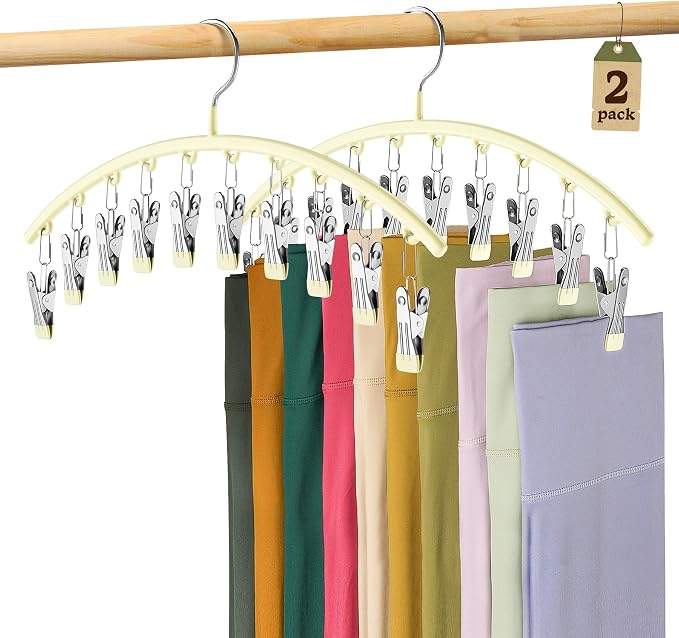 Volnamal Legging Organizer for Closet,2 Pack Metal Yoga Pants Hangers,Ivory | Clothes Hanger w/10 Clips Hold 20 Leggings,Space Saving Hanging Closet Organizer College Dorm Essentials Apartment Essential