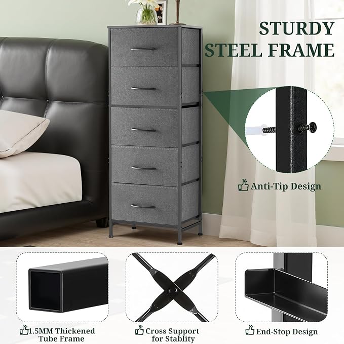 5 Drawers Dresser for Bedroom Fabric Storage Tower with Wooden Top | Steel Frame Tall Chest of Drawers for Closet, Entryway, Dorm, Gray