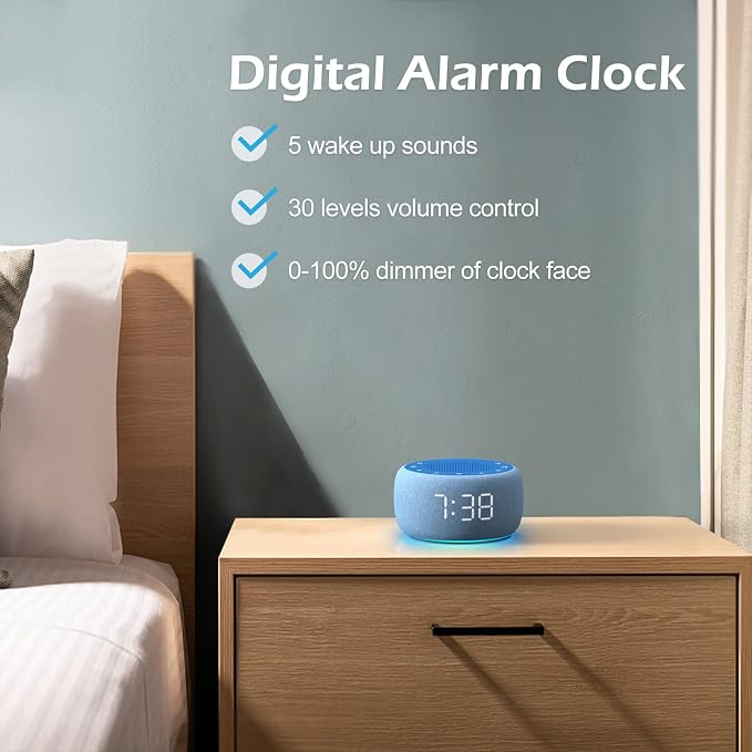 Buffbee Sound Machine & Alarm Clock 2-in-1, Bedroom Sleep Clock, Twilight | 0-100% Clock Face Brightness, Bottom Colored Light, Sleep Timer, Precise 30-Level Volume Control White Noise Machine