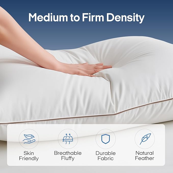 puredown® Goose Feathers and Down Pillows, Premium Luxury Pillows with 100% Cotton Cover, 2 Pack, Standard Size, 20x26 Inches