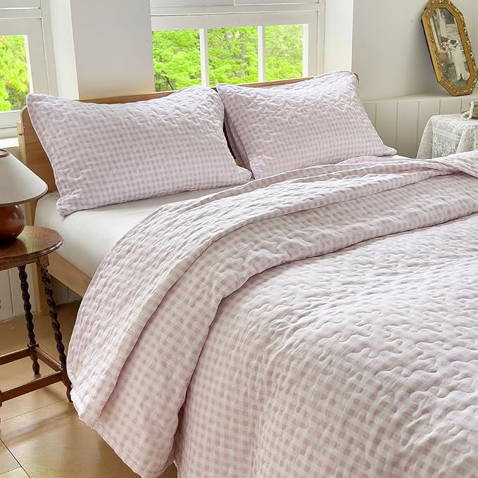NSNLGSGC Pink Gingham King Summer Bedspread Quilt Set | Pre-washed Microfiber,Lightweight Checked Grid Bedding Coverlets for All Seasons