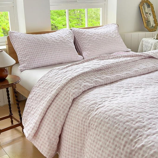 NSNLGSGC Pink Gingham Queen Summer Bedspread Quilt Set | Pre-washed Microfiber,Lightweight Checked Grid Bedding Coverlets for All Seasons