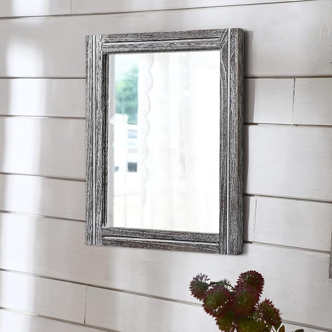 AAZZKANG Rustic Mirror Wood Framed Wall Mirrors Large 20"x16" Rectangle | Decorative for Bedroom Bathroom Farmhouse Living Room Home Entryway