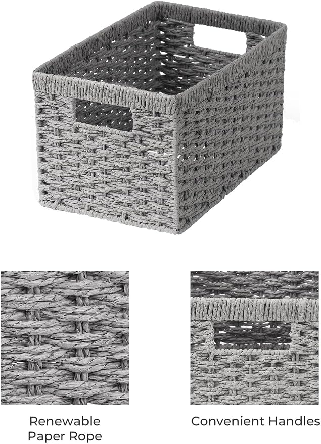 StorageWorks Wicker Storage Baskets, Gray Baskets for Storage, 2-Pack | Paper Rope Wicker Storage Baskets for Shelves, Rectangular Wicker Baskets with Handles, Handwoven Grey Baskets, Woven Baskets