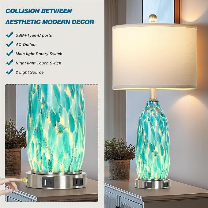 Rinweey 26" Peacock Green Glass Table Lamp for Bedroom Living Room,Coastal Nautical Bedside Lamps with USB Ports & AC Outlet,Touch Lamps with Night Light,Single Peacock Green