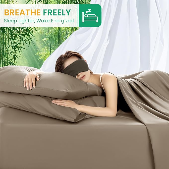 SONORO KATE 100% Viscose Derived from Bamboo_Sheets Full Size,4PC | Cooling Bed Sheets for Hot Sleepers,Soft Breathable & Silky,16" Deep Pocket,Luxury Hotel Bedding,Simply Taupe