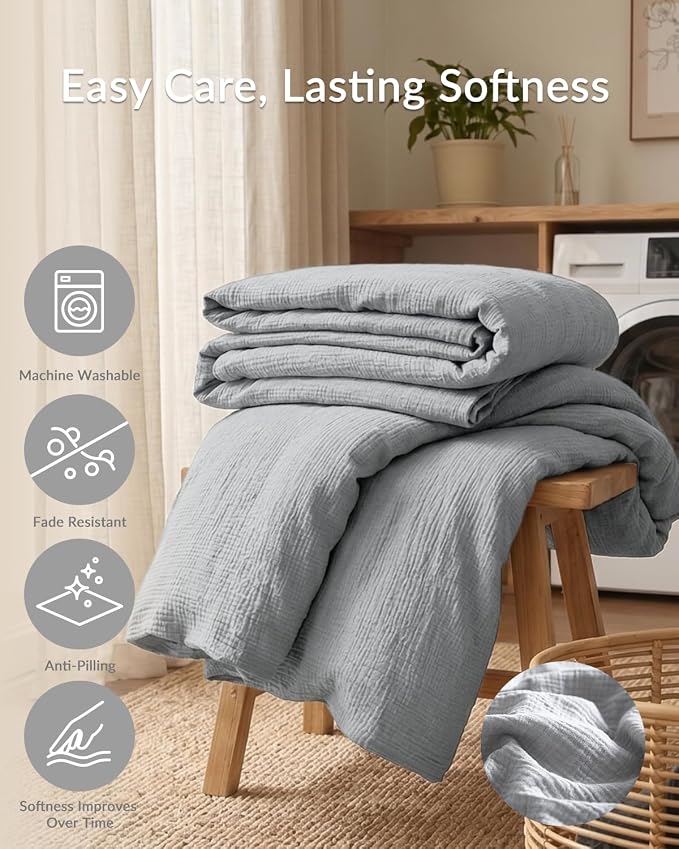 SE SOFTEXLY Muslin Duvet Cover Queen Size, 100% Washed Cotton Duvet Cover Set, Ultra Soft Comforter Cover Linen Like, 3 Pieces Minimalist Gauze Duvet Cover with 2 Pillowcases, 90"x90", Light Grey
