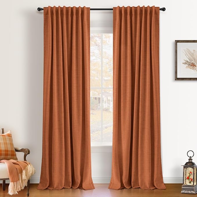 INOVADAY 100% Blackout Linen Curtains for Bedroom 50x96 Inches Burnt Orange | Linen Textured, Light Blocking, Room Darkening, Thermal Insulated, Back Tab Top, Window Curtains for Living Room, 2 Panels