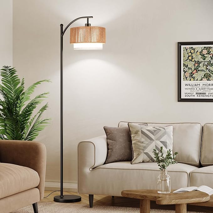 SUNMORY Arc Floor Lamps for Living Room, Rattan Standing lamp with 12W Bulb | Arched LED Lamp with 3 Color Temperatures, Farmhouse Floor Lamps with Adjustable Shades, Boho Floor Lamp for Bedroom, Corner