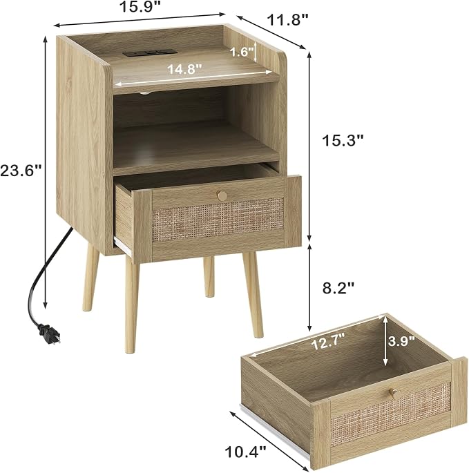 MECHYIN Night Stand Set 2, Nightstands Set of 2 with Charging Station, Rattan Side Tables with Solid Wood Legs, Boho Bedside End Table for Apartment Bedroom Dorm Small Space