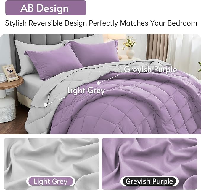 5 Pieces Twin Comforter Set, Reversible Bed in a Bag Twin Size, All Season Bedding Set with Comforter, Flat Sheet, Fitted Sheet, Pillowcases & Shams, Greyish Purple & Light Grey