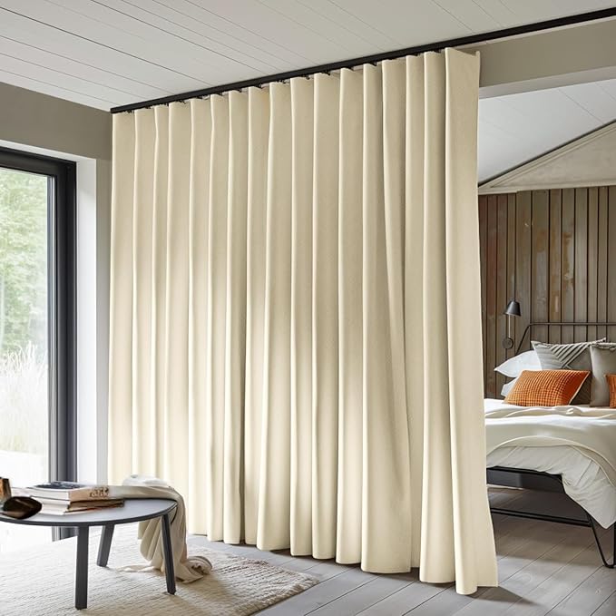 MaKefeile Room Divider Curtains Total Blackout Privacy Curtain Panel Room Thermal Insulated Noise Reduction Curtains for Bedroom Window Living Room Ceiling Track Curtain W 12.5 ft × H 7 ft Beige