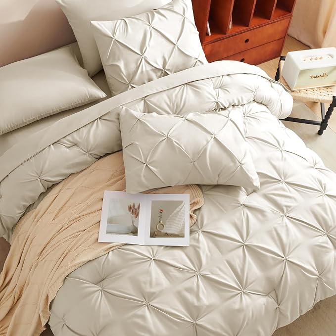 HIMEET Full Size Comforter Set Beige - 7 Pieces Pintuck Bed in a Bag | OEKO-TEX Certified, 240GSM Down Alternative Comforter, 14" Deep Pocket Fitted Sheet + Flat Sheet + 2 Pillowcases + 2 Shams
