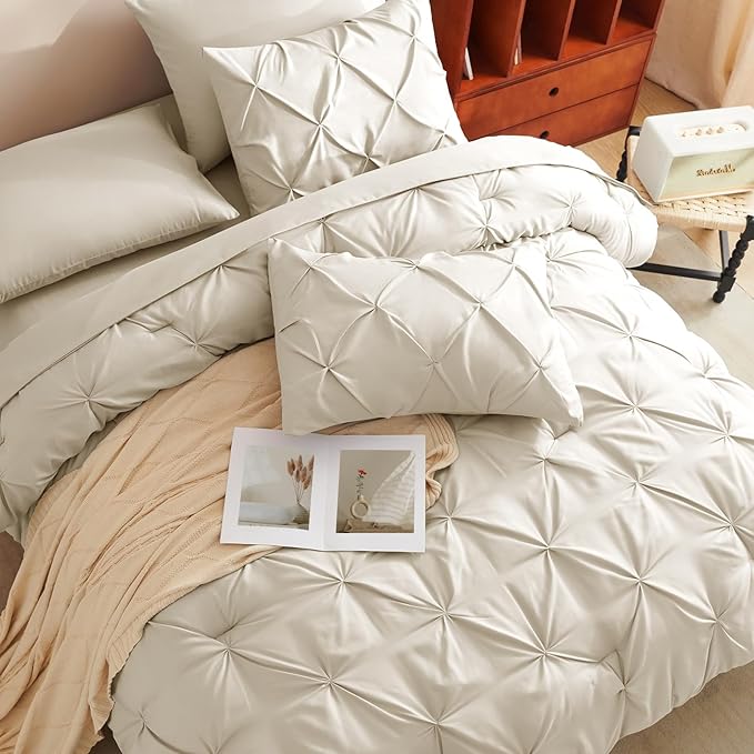 HIMEET Twin XL Comforter Set Beige - 5 Pieces Pintuck Bed in a Bag | OEKO-TEX Certified, 240GSM Down Alternative Comforter, 14" Deep Pocket Fitted Sheet + Flat Sheet + 1 Pillowcase + 1 Sham