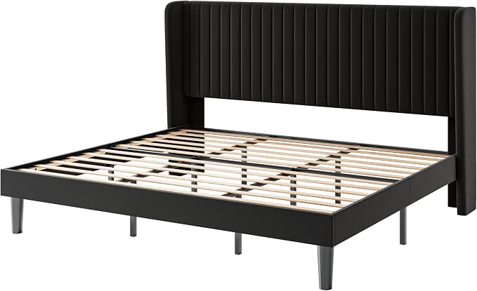 SHA CERLIN King Size Velvet Bed Frame, Tufted Wingback Headboard, Black | 47'' Modern Vertical Channel Headboard, Upholstered Platform Bed, Wood Slats, No Box Spring Needed, Easy Assembly, Noise Free