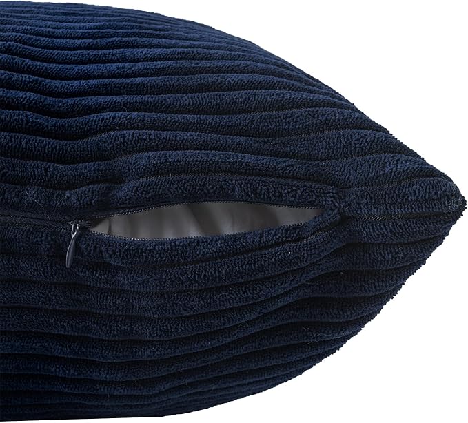 Volcanics Set of 4 Dusty Blue Navy Series Corduroy Pillow Covers 18x18 in | Decorative Modern Boho Striped Cushion Cases for Patio, Balcony, Children Bedroom, Summer Gradient Shams