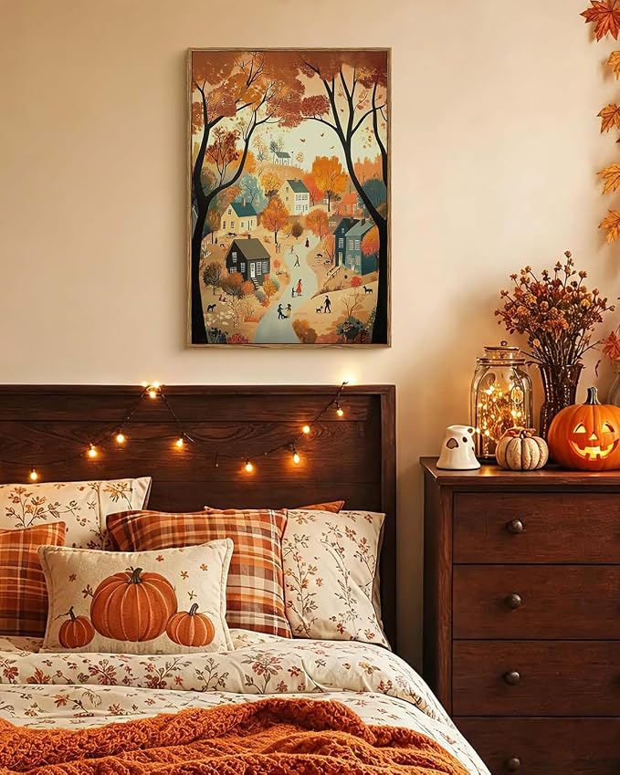 WHASAYART Autumn Cozy Village Landscape Scene 16x24 Framed Canvas Print, Rustic Fall Country Trees Wall Art with Warm Colors, Thanksgiving House Office Entryway Seasonal Decor