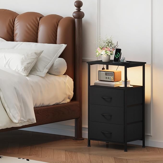 Somdot Nightstands Set of 2 with 3 Drawers, Charging Station & LED Light | Open-Shelf End Tables for Bedside, Small Spaces, Bedroom, Entryway and Hallway, Black
