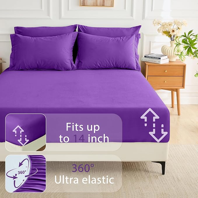 7 Pieces Queen Comforter Set, Soft Bed in a Bag Queen Size, All Season Bedding Set with Comforter, Flat Sheet, Fitted Sheet, Pillowcases & Shams, Purple