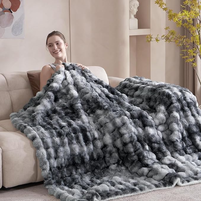 60x80 Inches Ultra-Soft Fuzzy Faux Fur Plush Twin Size Blanket - Thick, Warm Sherpa for Couch, Sofa, Bedroom, Camping - Decorative Blanket for Cozy Warmth, Bubble Light Grey Tie Dye
