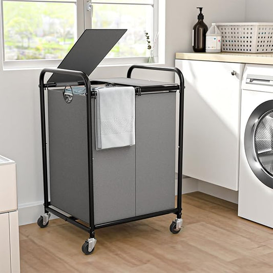 120L Laundry Sorter 2 Section, Rolling Laundry Basket with Wheels ＆ Lid | 31.7 Gal Laundry Hamper, 2 Separated Removable Bags, Lockable Wheels, Dirty Clothes Hamper for Laundry Room, Bedroom, Grey