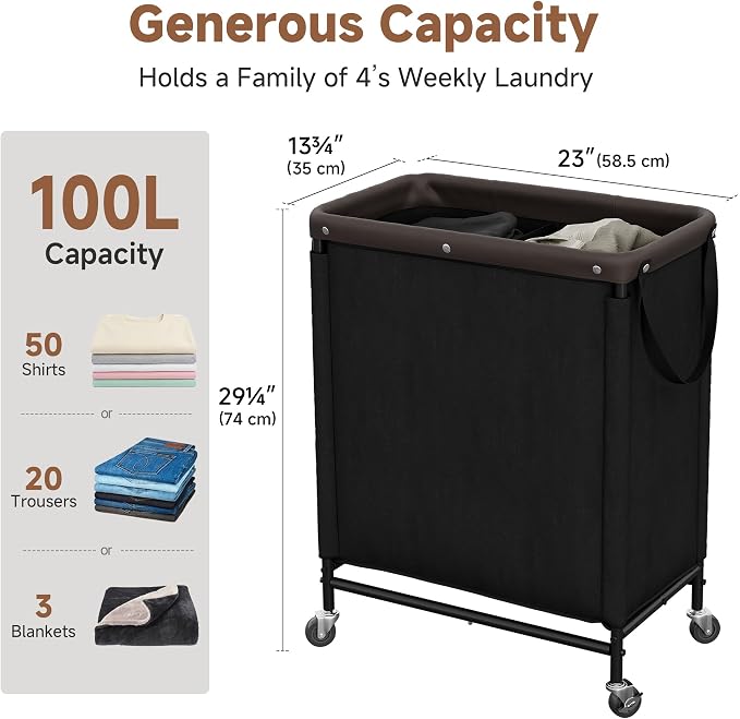 StorageWorks 2 Section Laundry Hamper, 100L Black Sorter Cart with Wheels | 2 Section Laundry Hamper with Wheels, Black Sorter Cart for Bedroom, Bathroom, Apartment