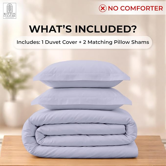Kotton Culture 3 Pc Duvet Cover King Size Set-100% Egyptian Cotton 600 Thread Count Ultra Soft Premium Durable Comforter Cover Zipper Closure & Corner Ties - (Cornflower Blue, 104" X 94")