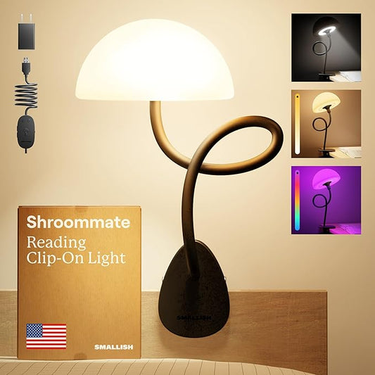 Smallish Shroommate Clip On Light for Dorm Room - 2.0 (Black) | Bed Headboard Lamp, Bedside Table Lamp Dorm, College Dorm Room Essentials, Night Light Kids Nursery, MultiColor LEDs