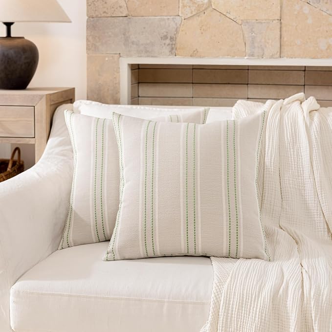 Hckot Stripe Throw Pillow Covers 16x16 Set of 2 Light Green Pillow Covers | Farmhouse Decorative Pillows Textured Linen Square Cushion Covers for Sofa Couch Bed Living Room Decor