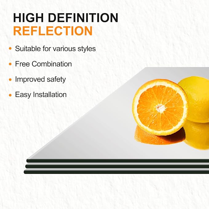 Frameless Mirror Tiles 12"x10"x4 Pcs Wall Mounted | Shatter Resistant, Full Length, Tempered Glass Panels, For Home Gym Bathroom Bedroom & Living Room Decor