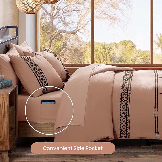 MaiRêve Embroidery Full Size Comforter Set 7 Pieces Dusty Pink Bed in a Bag | Western Boho Farmhouse Bedding Sets with Comforter, Sheets, Pillowcases & Shams
