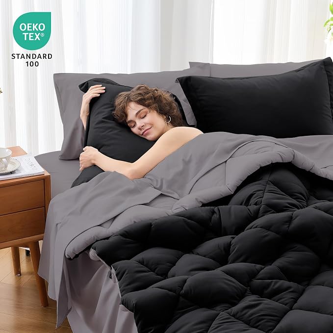 7 Pieces Oversized King Comforter Set, Reversible Bed in a Bag Oversized King Size, All Season Bedding Set with Comforter, Flat Sheet, Fitted Sheet, Pillowcases & Shams, Black & Soot