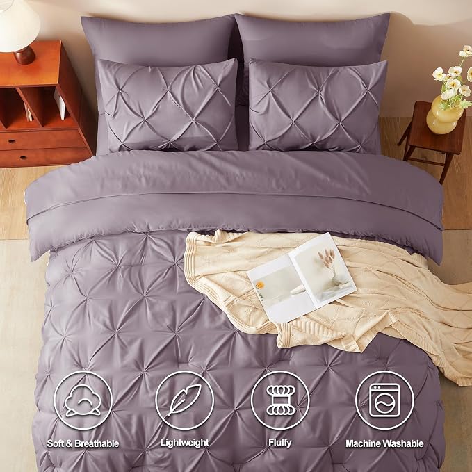 HIMEET King Size Comforter Set Dusty Purple - 7 Pieces Pintuck Bed in a Bag | OEKO-TEX Certified, 240GSM Down Alternative Comforter, 14" Deep Pocket Fitted Sheet + Flat Sheet + 2 Pillowcases + 2 Shams