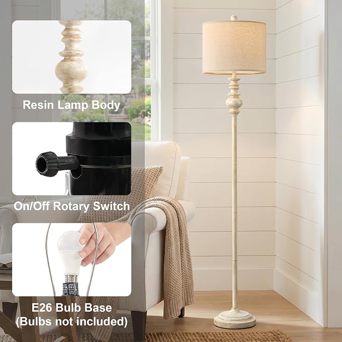 BOBOMOMO 64.25" Farmhouse Floor Lamp for Living Room, Tall Antique White Standing Lamp with Gold Accents, Rotary Switch Reading Lamp for Bedroom & Nursery, Classic Home Decor Corner Lamp