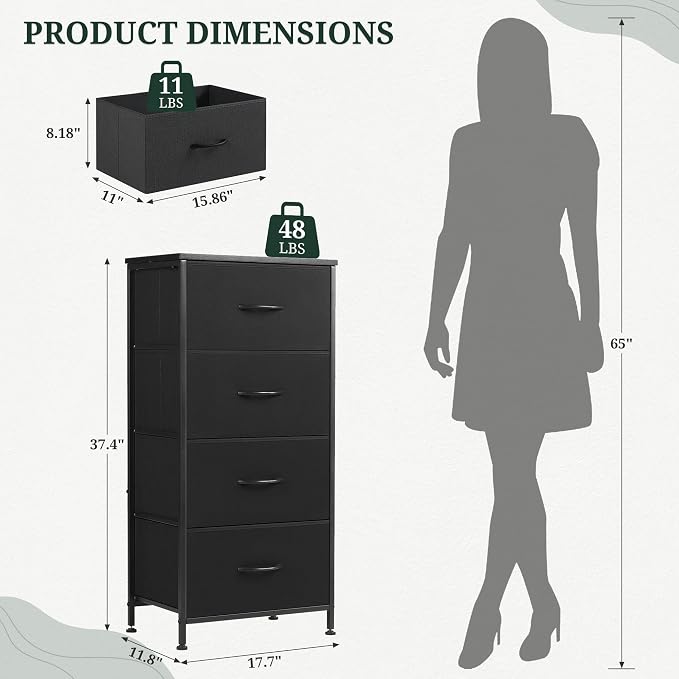 4 Drawers Dresser for Bedroom Fabric Storage Tower with Wooden Top | Steel Frame Tall Chest of Drawers for Closet, Entryway, Dorm, Black