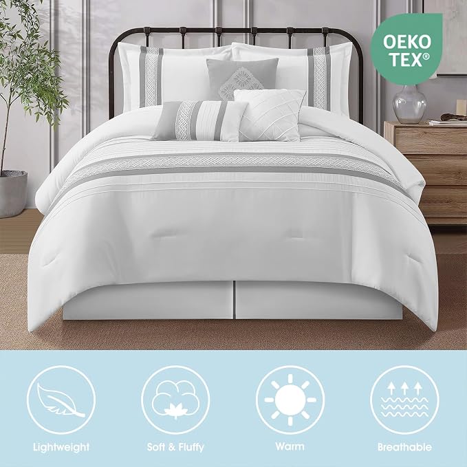 7 Piece Comforter Set, Grey White, Queen Size, Boho Style Geometric Microfiber Embroidery, Bed in a Bag with Bedskirt, Pillow Shams and Decor Pillows