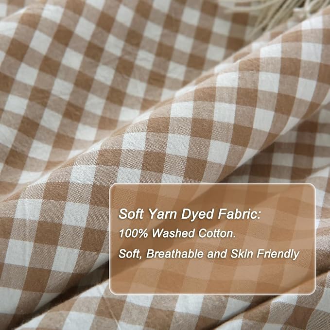 Silnuo Taupe/White Plaid Gingham Ruffle Duvet Cover Set Twin Size | 100% Washed Cotton 3 Piece Vintage Checkered Chic Bedding Set Comforter Cover Set
