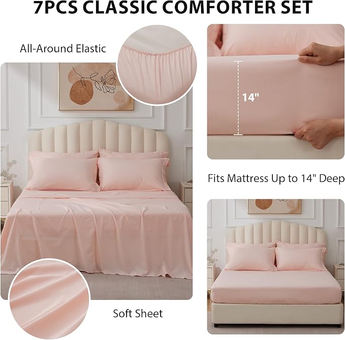 Full Comforter Set Pink - Bed in a Bag Full Size 7 Pieces, Soft Bedding Set for All Seasons, Premium Comforter Set with Comforter, Sheets, Pillowcases & Shams