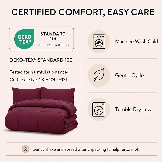 Full Size Comforter Sets Burgundy - 7 Pieces Bed in a Bag | OEKO-TEX Certified, All-Season, Bedroom, Guest Room, Down-Alternative Comforter + Flat & Fitted Sheets + 4 Pillowcases
