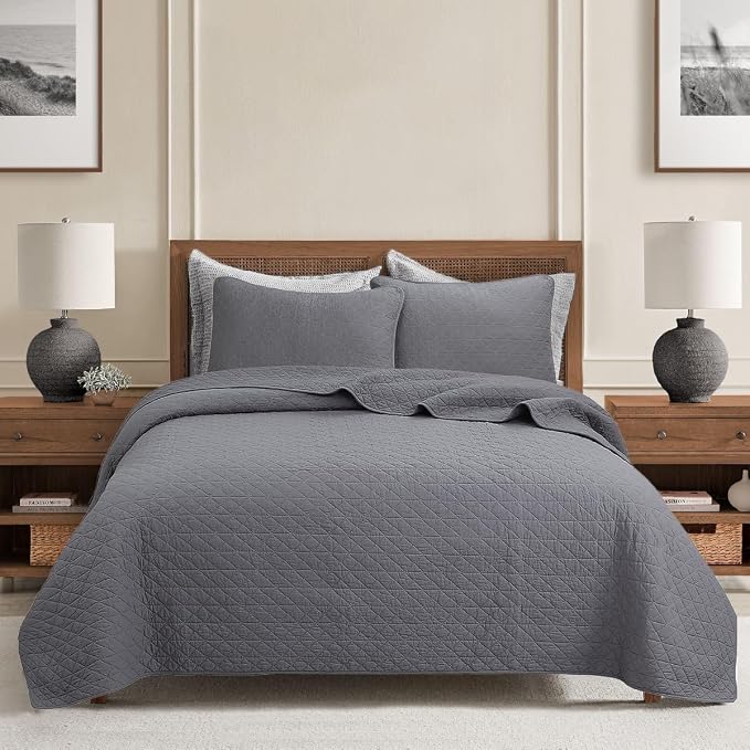Cozy Line Home Fashions 100% Cotton Quilt Set – 3-Piece Charcoal Gray Solid Classic Modern Quilted Bedspread with Shams, Lightweight All Season Modern Bedding (Diamond Gray, King)