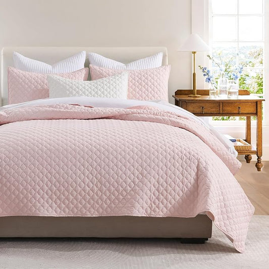 HORIMOTE HOME Quilt Queen Size Light Pink, Lightweight Quilts for Summer Ultra-Soft Microfiber Modern Style Quilted Clouds Pattern Bedspread Quit Set 3 Pieces(1 Quilt and 2 Pillow Shams)